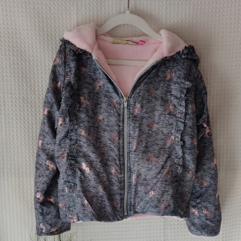 Penelope Mack Hooded Gray Jacket with Rose Gold Unicorns Size 6